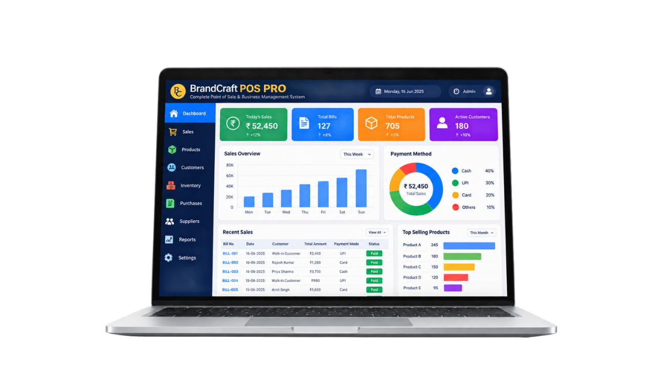 Three-dimensional laptop mockup displaying the BrandCraft POS PRO sales dashboard