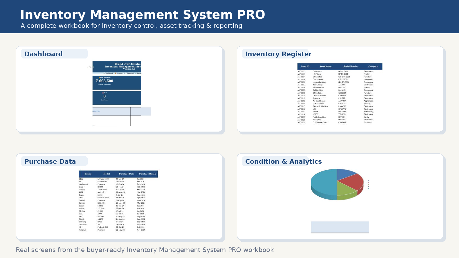 Inventory Management PRO laptop, Excel workbook screen and product package presentation