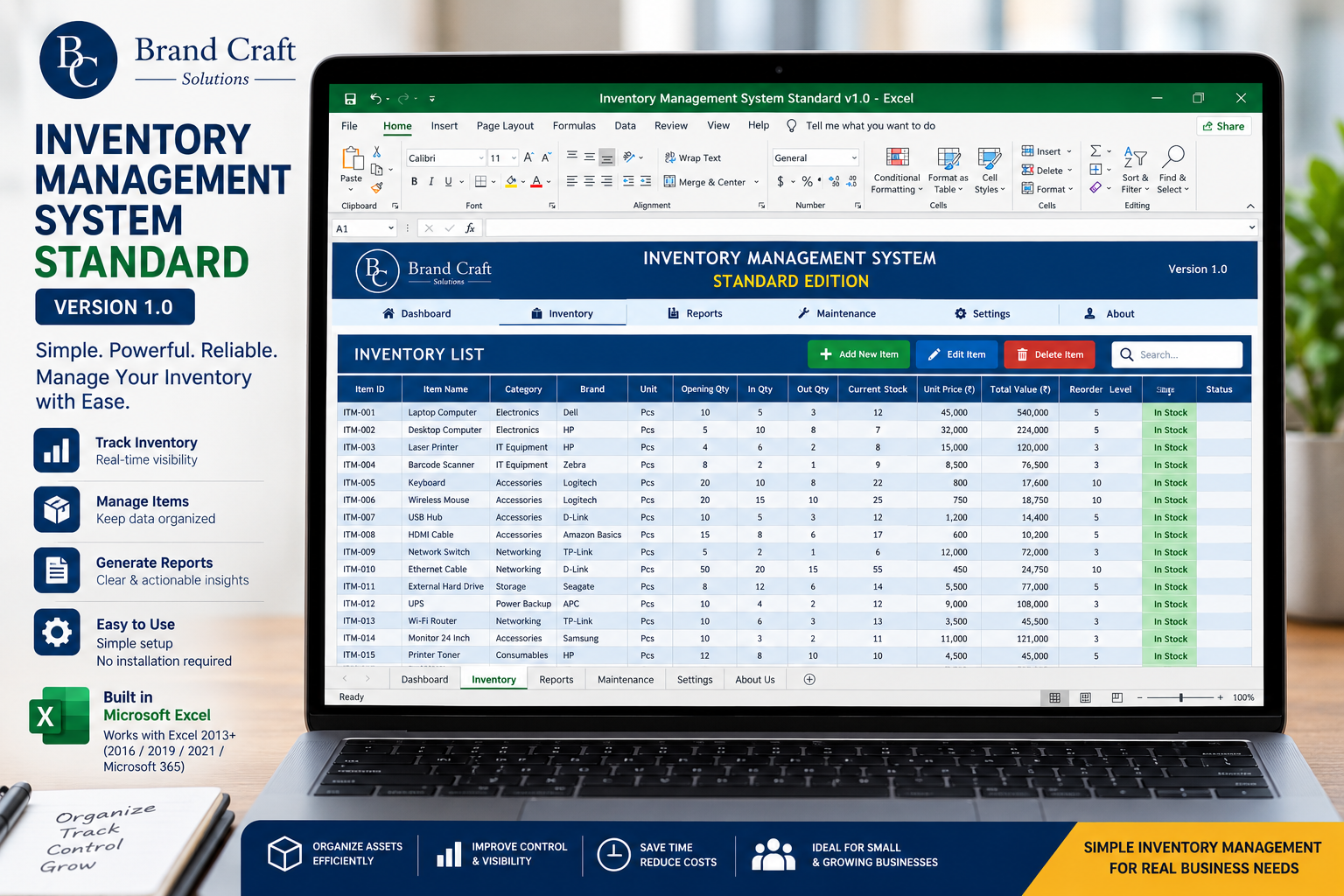 Inventory Management Standard workbook screen mockup showing the inventory list