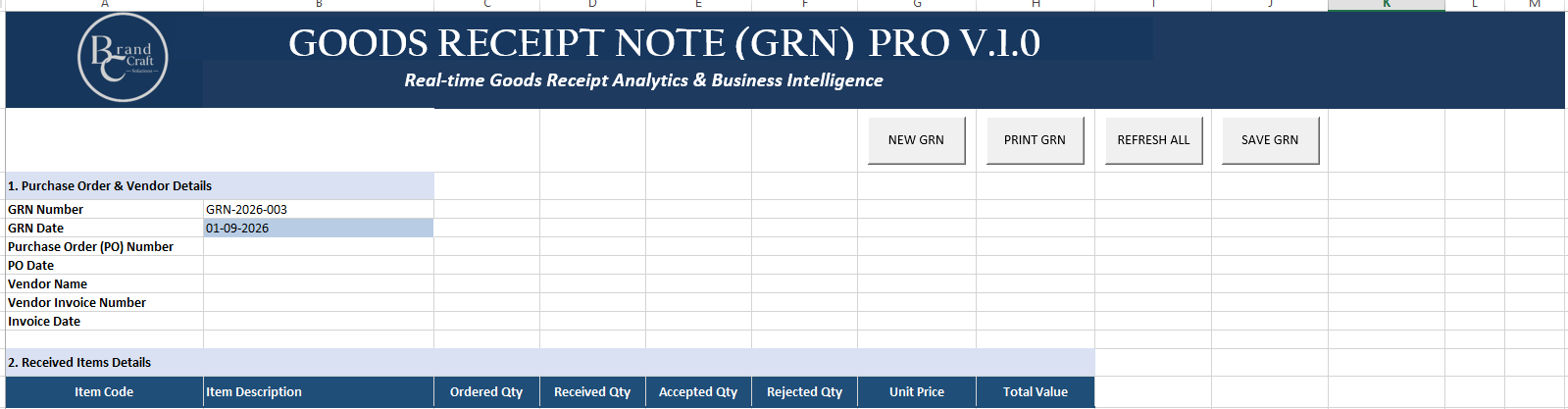 Goods Receipt Note PRO workbook screenshot
