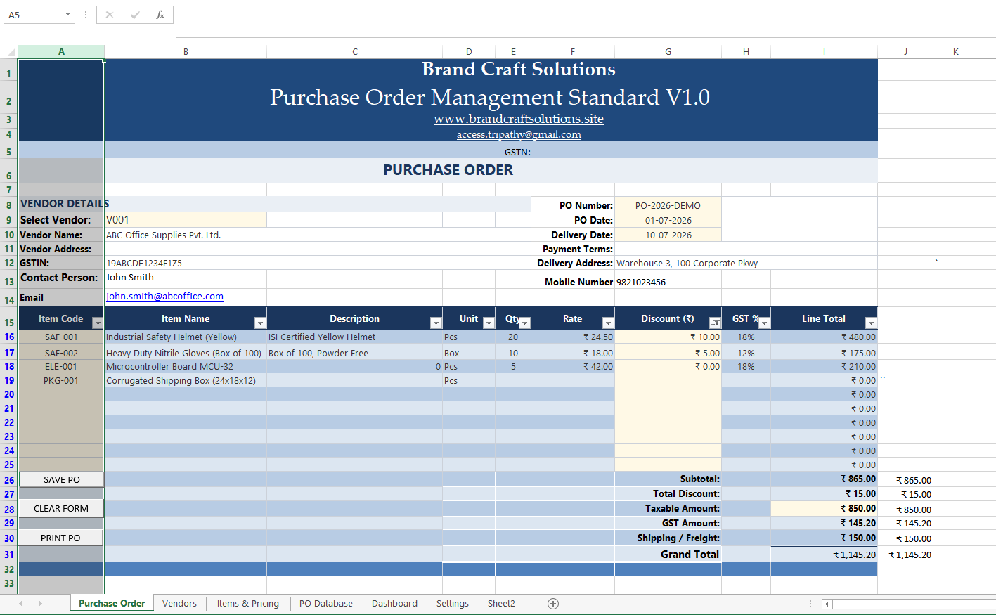 Purchase Order Management Standard Excel workbook showing the purchase order entry screen