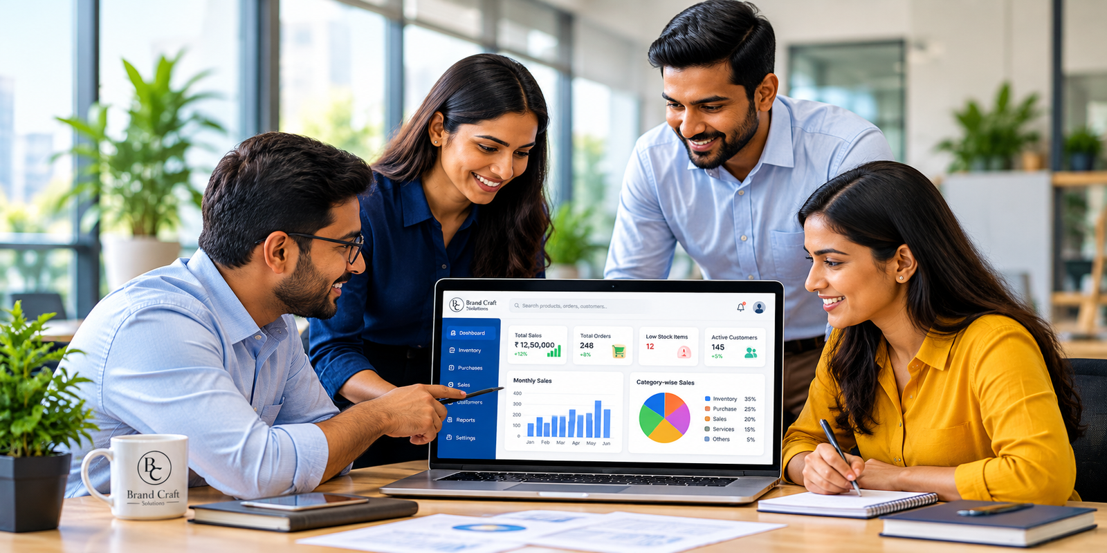 Business professionals collaborating around a laptop displaying a business management dashboard
